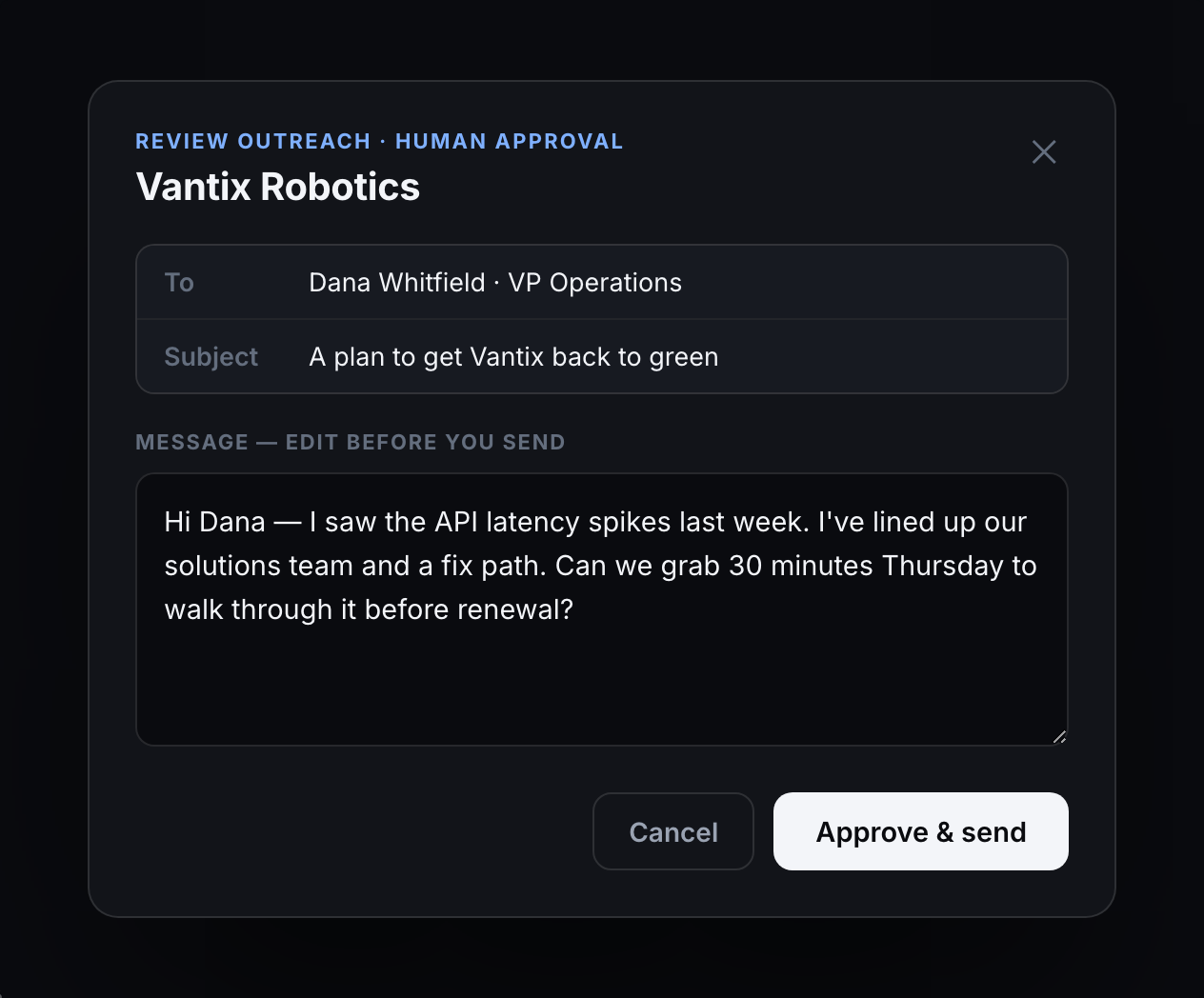 The review-outreach modal: a drafted email to Vantix with an editable body and an Approve and send button.